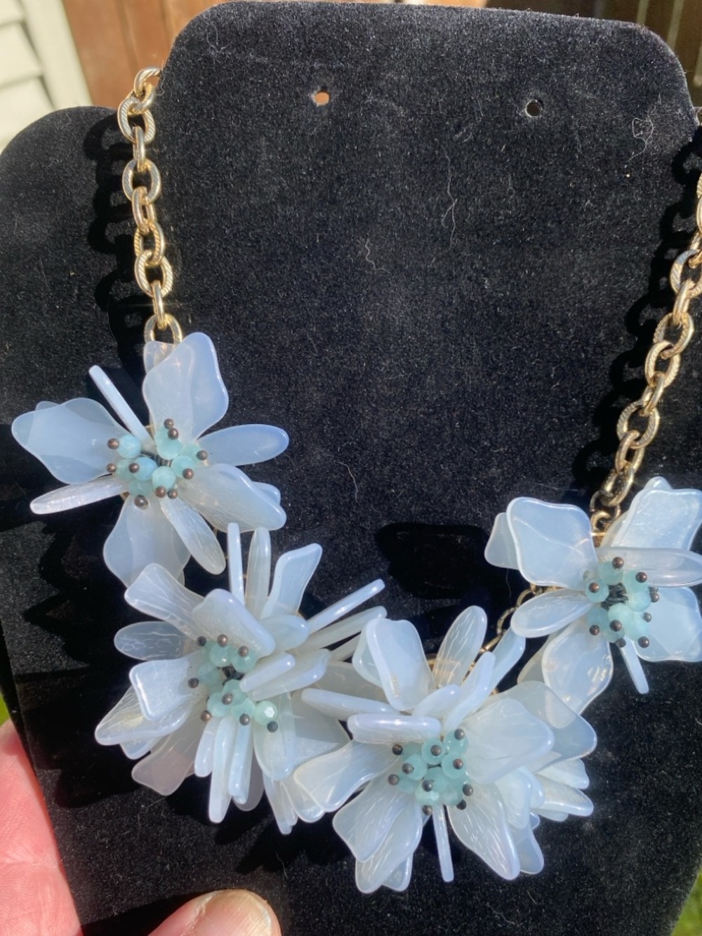 Gold-Chain Floral Statement Necklace in Pale Blue